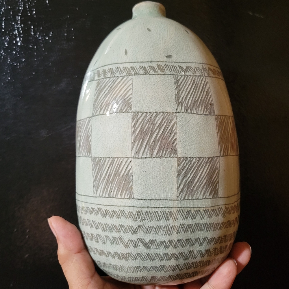 Celadon Pear Shaped Stidio Art Pottery Vase Rustic Modern Geometric Pattern